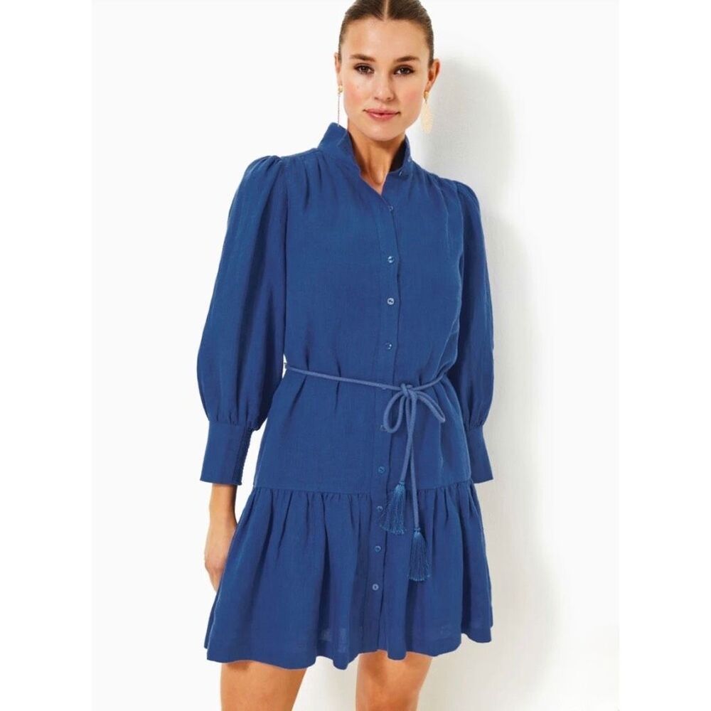 Lilly Pulitzer Drena Linen Dress 8 NWT Blue Preppy Coastal Resort Shirt Mini